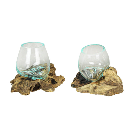 Set of 2 Mini Blown Glass on Driftwood Decorative Vases - Artistic Fusion of Molten Glass and Natural Wood - Boho Decor,