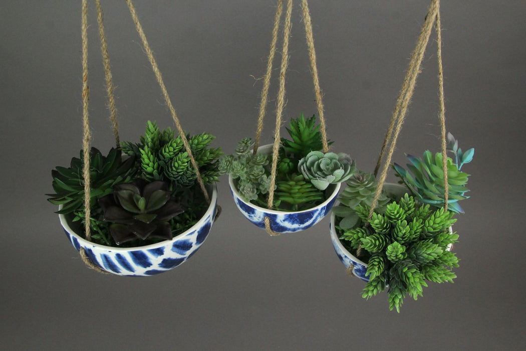 Set of 3 Blue and White Shibori Style Dyed Ceramic Hanging Mini Planters Plant Décor Image 4