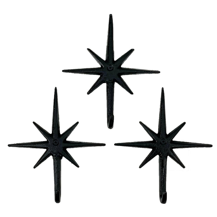 Black - Image 2 - Set of 3 Black Finish Cast Iron 8-Pointed Atomic Starburst Wall Hooks - Mid-Century Modern Elegance - Easy