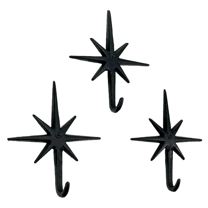 Black - Image 1 - Set of 3 Black Finish Cast Iron 8-Pointed Atomic Starburst Wall Hooks - Mid-Century Modern Elegance - Easy