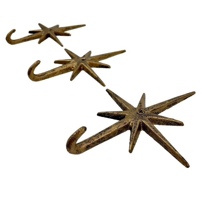 Gold - Image 6 - Set of 3 Gold Finish Cast Iron 8-Pointed Atomic Starburst Wall Hooks - Mid-Century Modern Elegance - Easy