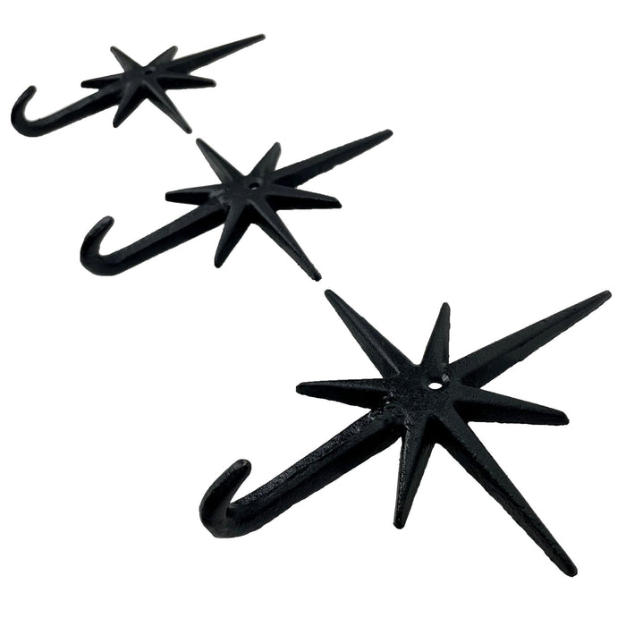 Black - Image 6 - Set of 3 Black Finish Cast Iron 8-Pointed Atomic Starburst Wall Hooks - Mid-Century Modern Elegance - Easy
