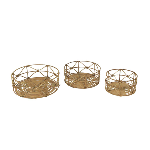 Set of 3 Metal and Rattan Nesting Round Basket Trays Image 2