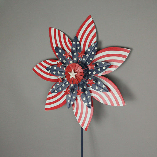 Stars & Stripes Red White Blue Metal Kinetic Wind Spinner Patriotic Garden Stake  - American Flag Themed Outdoor Flowerbed,