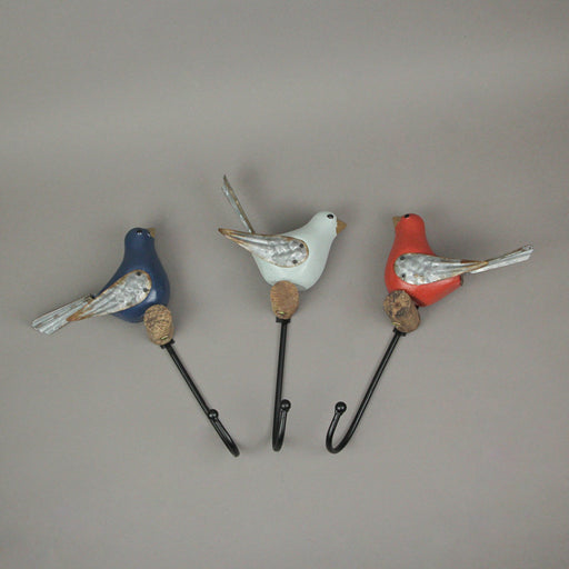 Trio of Distinctive Bird-Themed Wall Hooks in Red, White, and Blue, Crafted from Wood and Metal, Ideal for Coats, Towels,