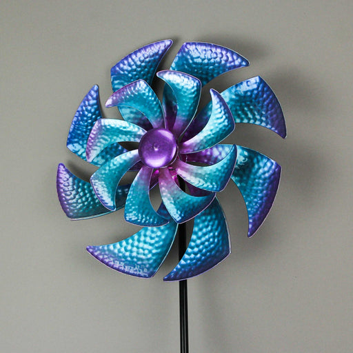 Vibrant Purple and Blue Metal Pinwheel Wind Spinner Kinetic Sculpture Garden Stake for Mesmerizing Outdoor Decor and Relaxing