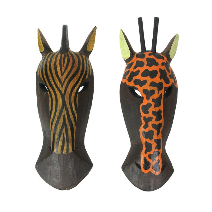 Set of 2 Hand-Carved African Zebra and Giraffe Mask Wall Hangings for Safari Splendor - 10 Inches High - Easy To Hang - Great