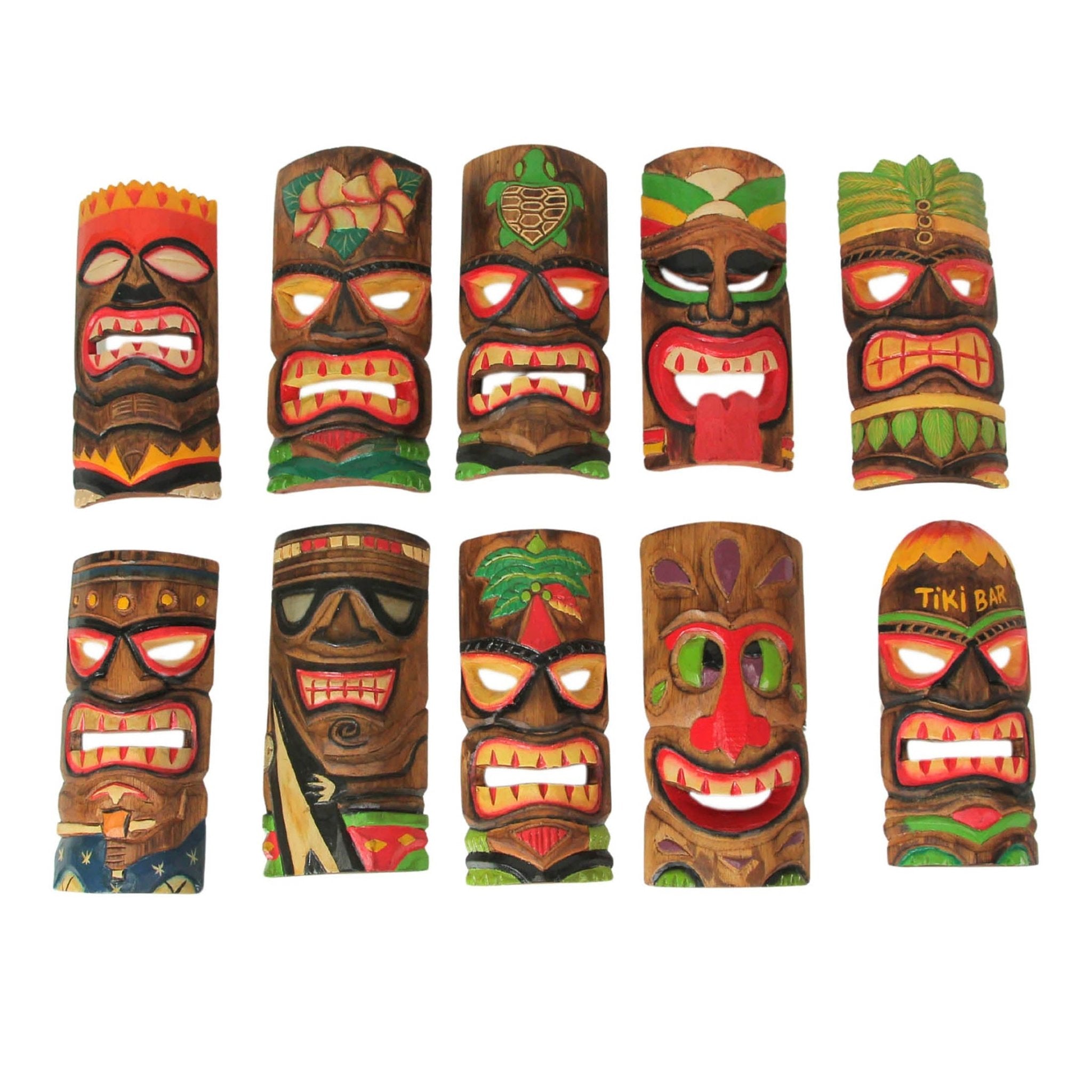 10 Piece Polynesian Hand Carved Island Style Wooden Tiki Masks Zeckos
