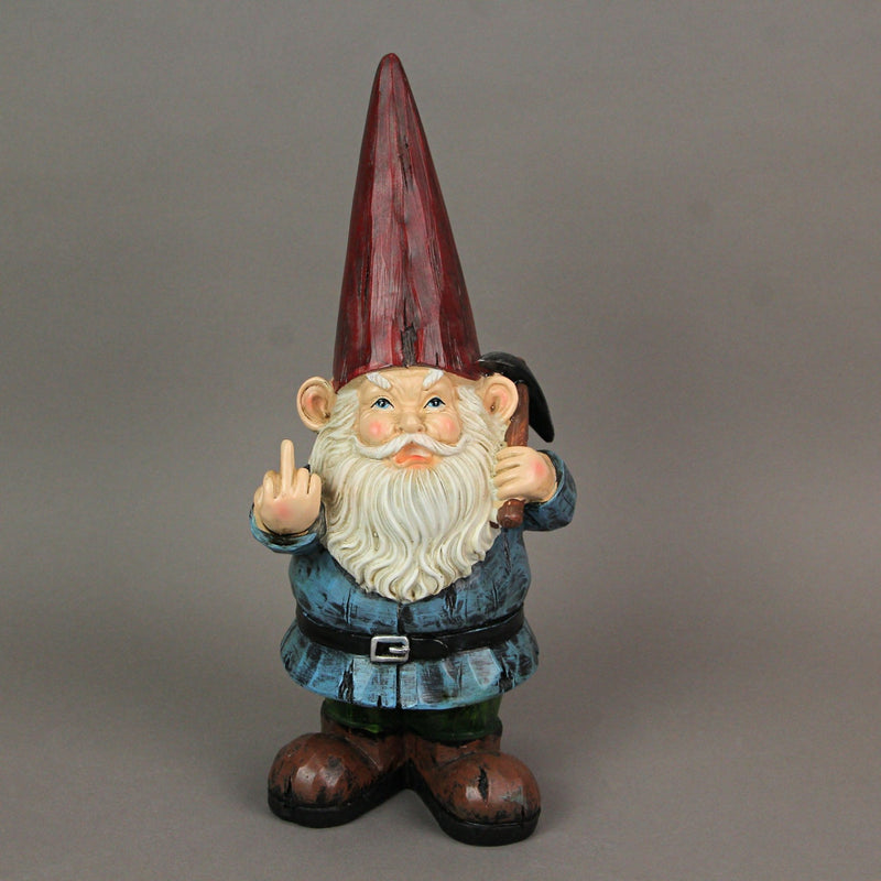 12 Inch High Angry Garden Gnome Holding Pick Axe Decorative Yard Statue - Rude Hand Gesture Indoor / Outdoor Hand-Painted