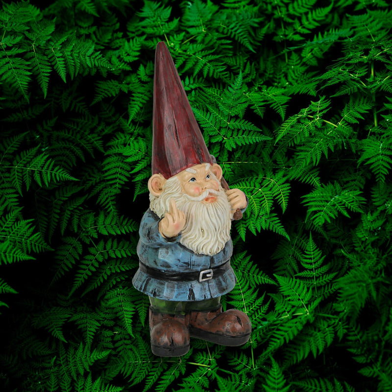 12 Inch High Angry Garden Gnome Holding Pick Axe Decorative Yard Statue - Rude Hand Gesture Indoor / Outdoor Hand-Painted