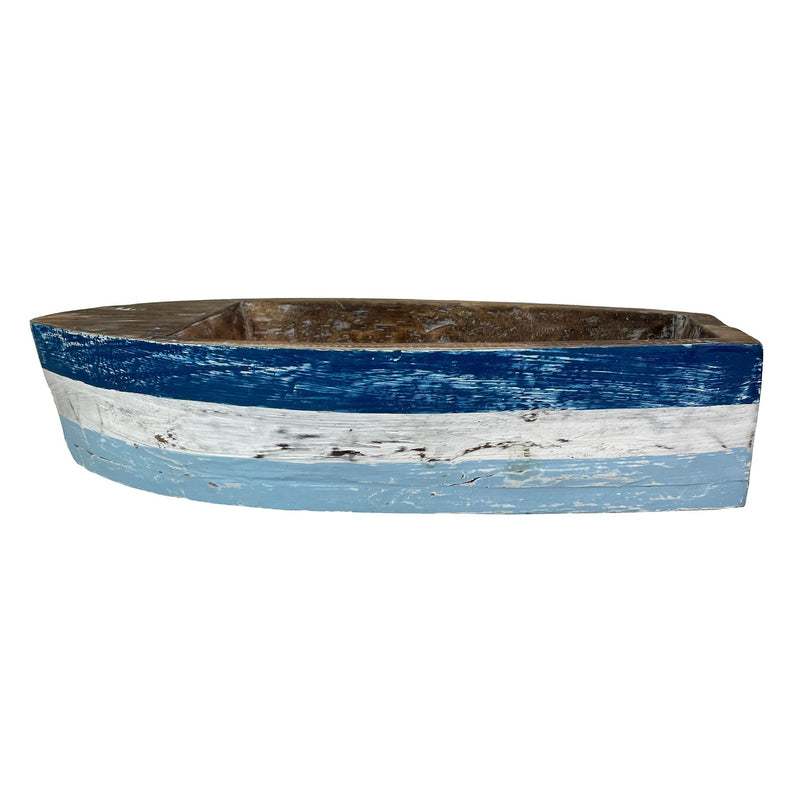 12 Inch Wooden Boat Tray – Nautical Decorative Centerpiece, Rustic Blue and White Coastal Bowl, Handcrafted Wood Planter,