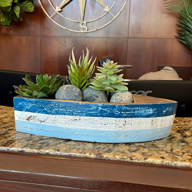 12 Inch Wooden Boat Tray – Nautical Decorative Centerpiece, Rustic Blue and White Coastal Bowl, Handcrafted Wood Planter,
