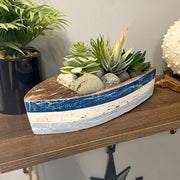 12 Inch Wooden Boat Tray – Nautical Decorative Centerpiece, Rustic Blue and White Coastal Bowl, Handcrafted Wood Planter,
