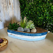 12 Inch Wooden Boat Tray – Nautical Decorative Centerpiece, Rustic Blue and White Coastal Bowl, Handcrafted Wood Planter,
