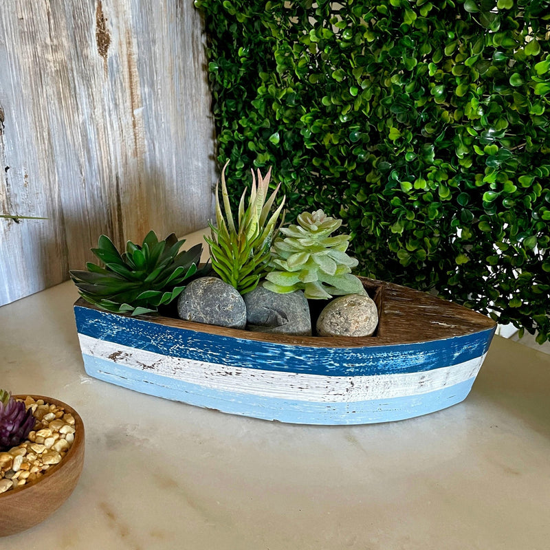 12 Inch Wooden Boat Tray – Nautical Decorative Centerpiece, Rustic Blue and White Coastal Bowl, Handcrafted Wood Planter,