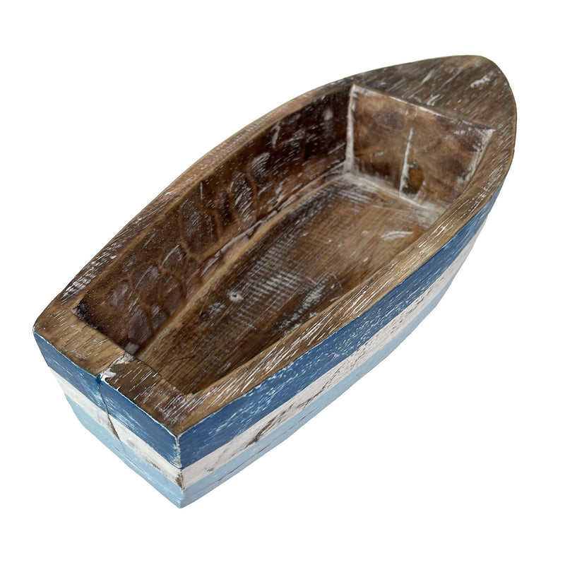 12 Inch Wooden Boat Tray – Nautical Decorative Centerpiece, Rustic Blue and White Coastal Bowl, Handcrafted Wood Planter,