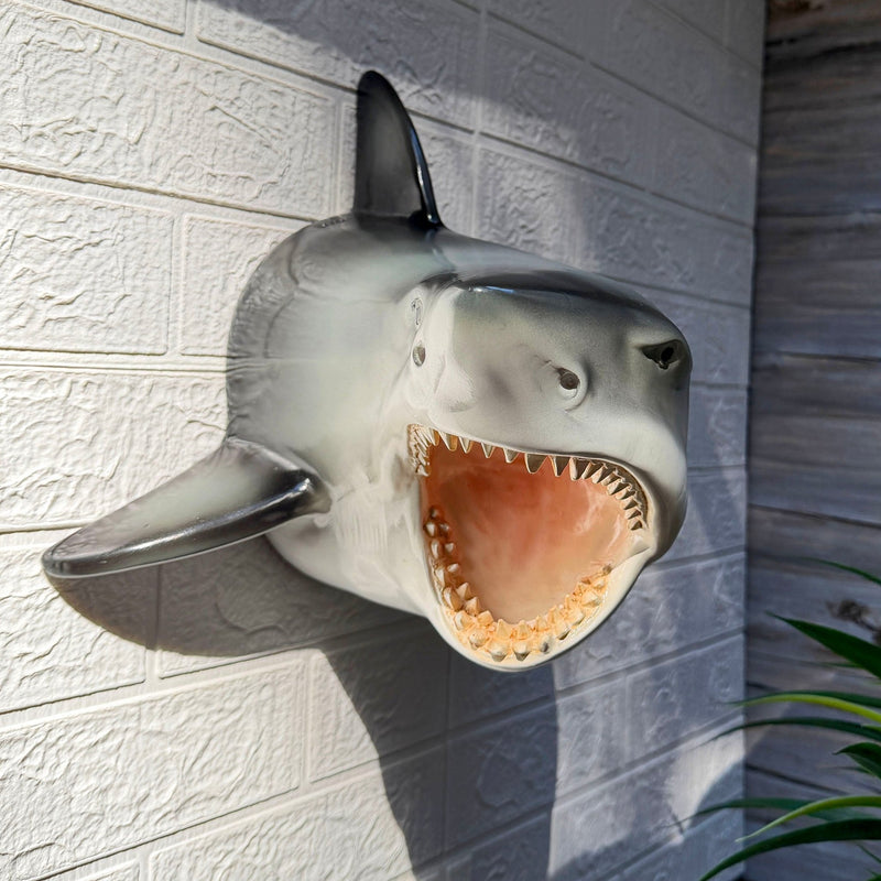 16 Inch Great White Shark Head Wall Mount Trophy Resin Sculpture, Nautical Coastal Gray and White Wall Decor for Beach House,