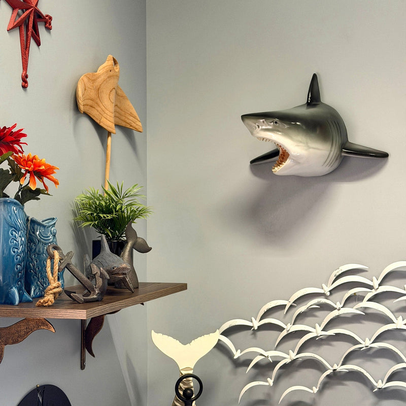 16 Inch Great White Shark Head Wall Mount Trophy Resin Sculpture, Nautical Coastal Gray and White Wall Decor for Beach House,