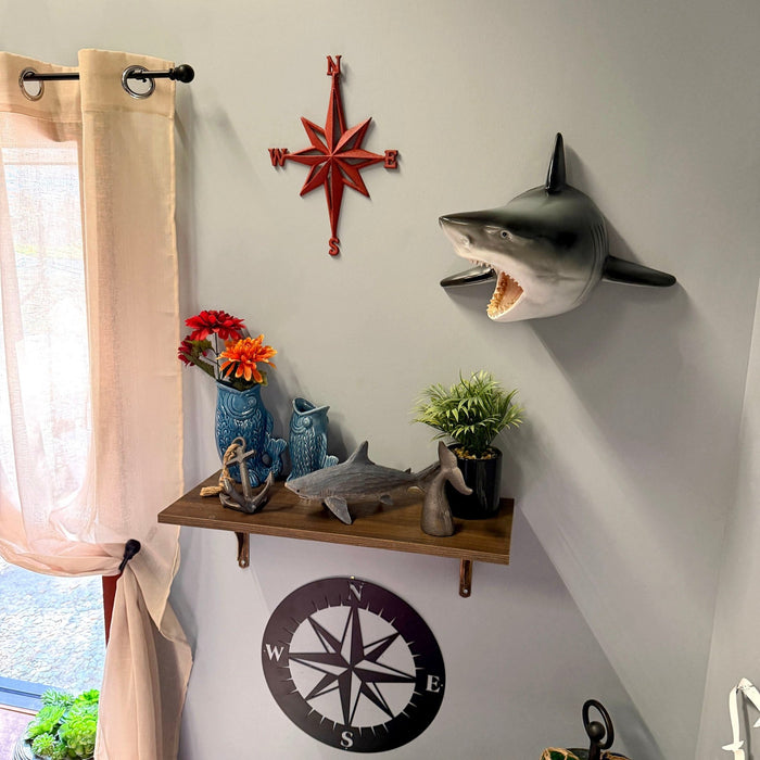 16 Inch Great White Shark Head Wall Mount Trophy Resin Sculpture, Nautical Coastal Gray and White Wall Decor for Beach House,