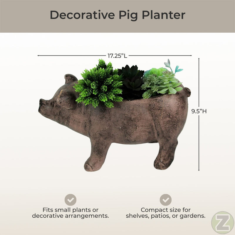 Brown - Image 4 - Rustic Brown Smiling Pig Resin Decorative Planter - 17 Inches Long - Great For Flowers and Succulents -