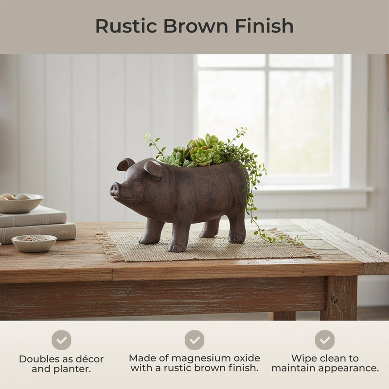 Brown - Image 6 - Rustic Brown Smiling Pig Resin Decorative Planter - 17 Inches Long - Great For Flowers and Succulents -