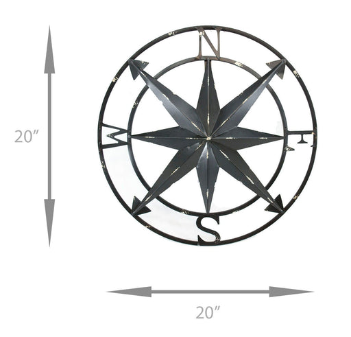 Distressed Metal Nautical Compass Rose Wall Décor - Rustic 20-Inch Diameter Hanging Art with Vintage Black Enamel Finish -