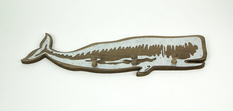 Rustic Weathered Brown Wood Whale Wall Hook Rack with Metal Accents - Decorative Ocean Décor Art Sculpture - 21 Inches Long -