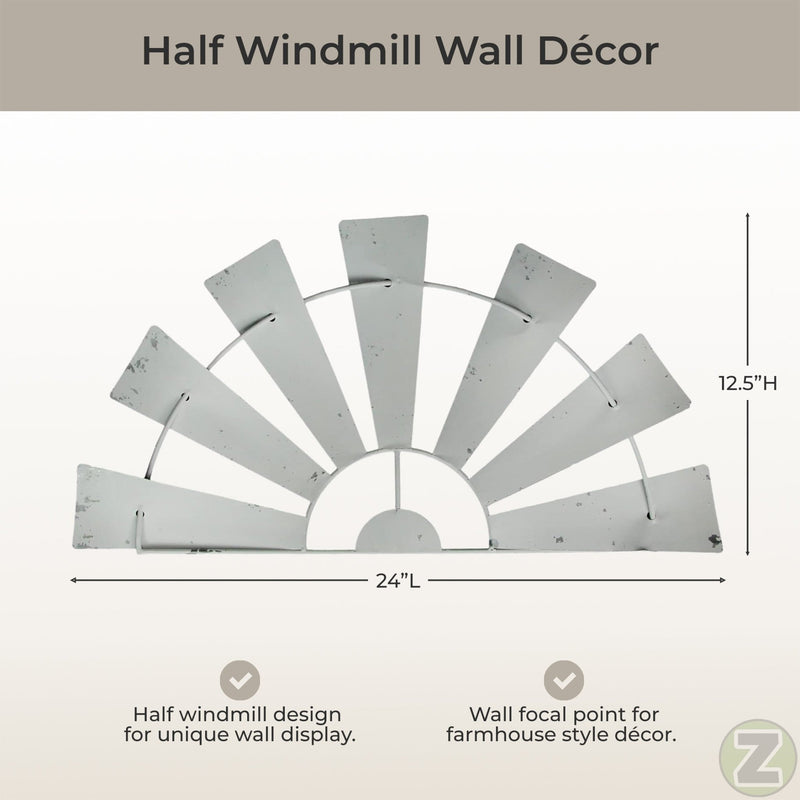 White - Image 5 - 24 Inch Long Rustic Galvanized Metal Half Windmill Wall Art - Distressed White Finish - Easy Install -