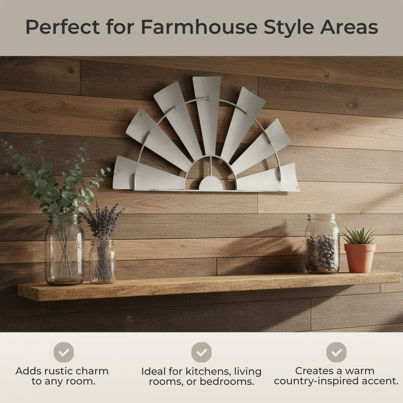 White - Image 6 - 24 Inch Long Rustic Galvanized Metal Half Windmill Wall Art - Distressed White Finish - Easy Install -