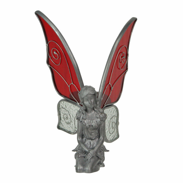 1 - Image 1 - Kneeling Fairy Pewter Figurine - Intricately Crafted - Adorned with Red and White Glass Wings, 5.75 Inches High