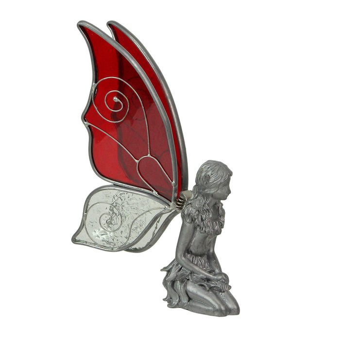 1 - Image 2 - Kneeling Fairy Pewter Figurine - Intricately Crafted - Adorned with Red and White Glass Wings, 5.75 Inches High