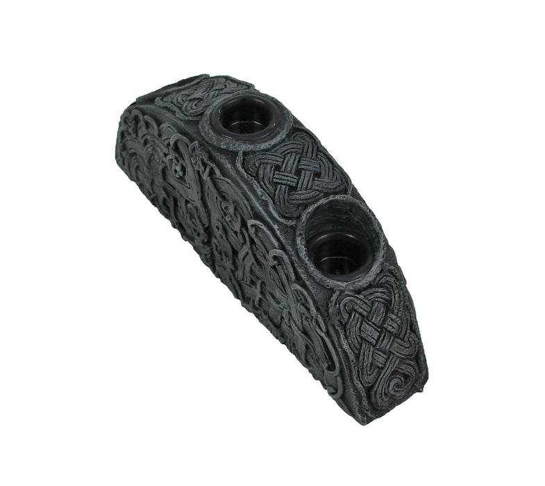 Enchanting Gothic Triple Taper Candle Holder with Grey Stone Finish and Endless Knot Design - 8 Inches Long -  A Darkly