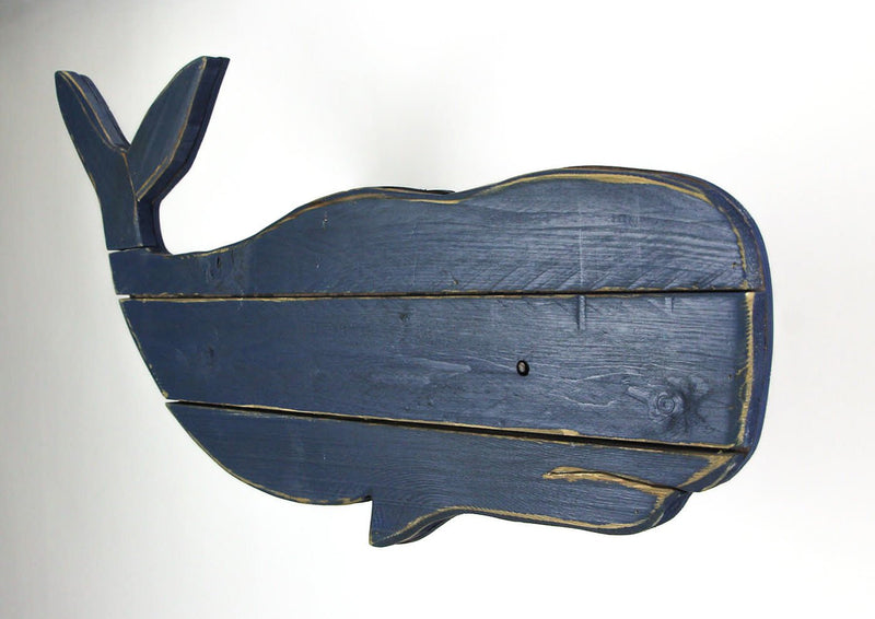 30 Inch Distressed Blue Carved Wood Whale Wall Hanging Decorative Display Art Image 2