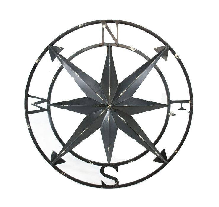 Black - Image 1 - 20 Inch Distressed Black Finish Metal Nautical Compass Rose Nautical Wall Décor Hanging Art