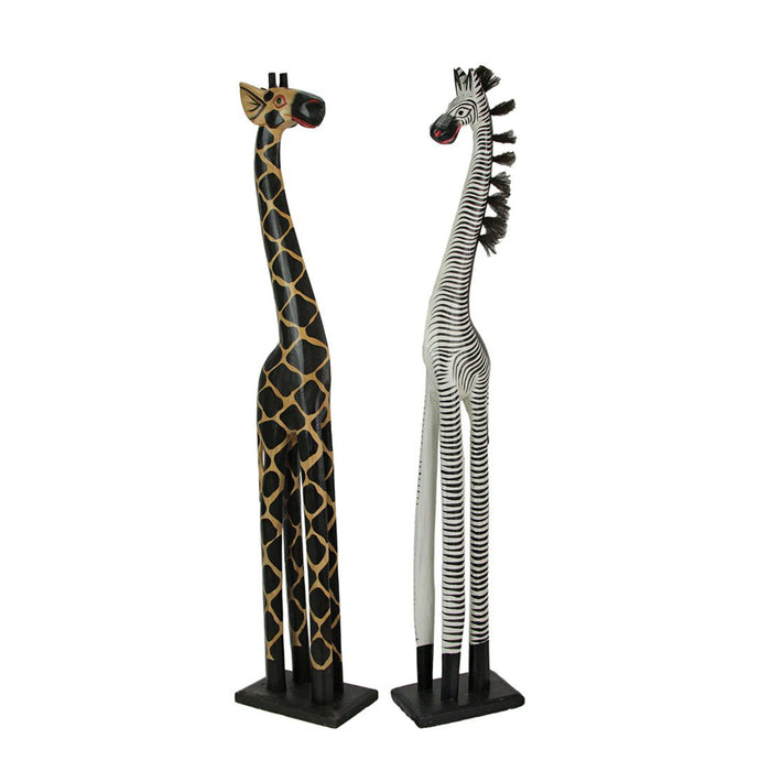 Giraffe and Zebra - Image 1 - Set of 2 Hand Carved and Painted 36 Inch High Wooden Giraffe and Zebra Floor Statues - Artisan