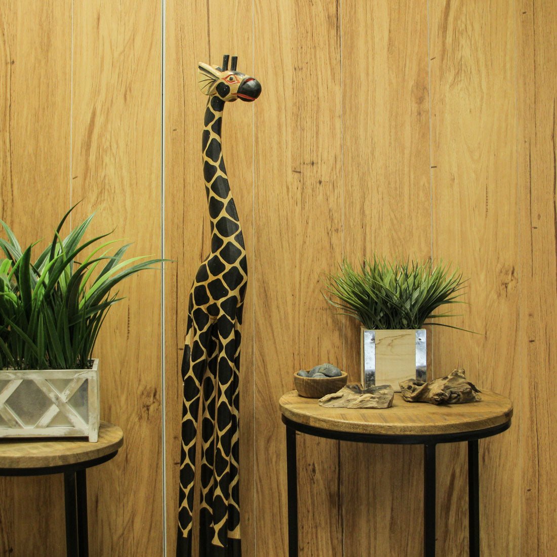 Hand Carved and Painted 36 Inch High Wooden Giraffe and Zebra
