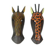 Set of 2 Hand-Carved African Zebra and Giraffe Mask Wall Hangings for Safari Splendor - 12 Inches High - Easy To Hang - Great