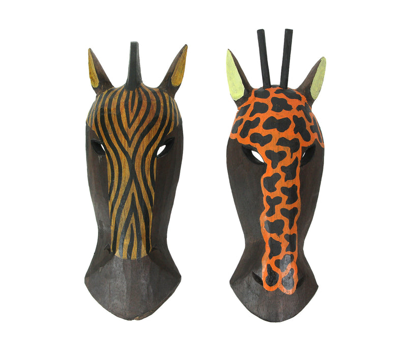 Set of 2 Hand-Carved African Zebra and Giraffe Mask Wall Hangings for Safari Splendor - 12 Inches High - Easy To Hang - Great