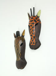 Set of 2 Hand-Carved African Zebra and Giraffe Mask Wall Hangings for Safari Splendor - 12 Inches High - Easy To Hang - Great