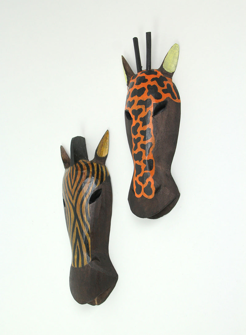 Set of 2 Hand-Carved African Zebra and Giraffe Mask Wall Hangings for Safari Splendor - 12 Inches High - Easy To Hang - Great