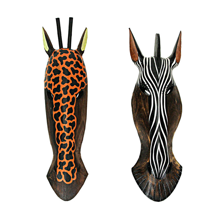 Orange Giraffe & Zebra - Image 1 - Zebra And Giraffe Jungle Carved Wooden Mask Wall Hangings 19 Inch