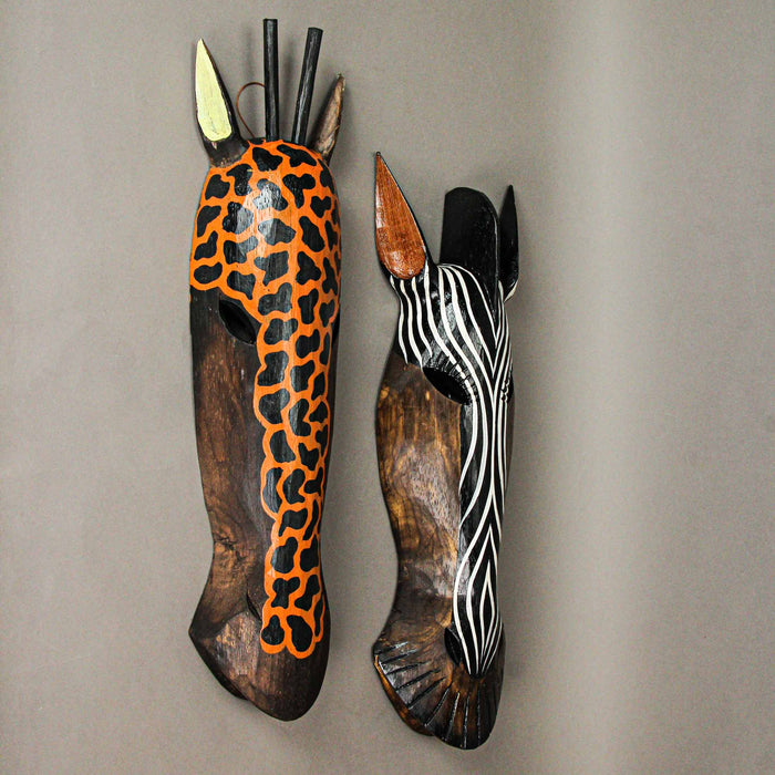 Orange Giraffe & Zebra - Image 2 - Set of Zebra and Giraffe Jungle Hand-Carved Wooden Mask Wall Hangings, Handcrafted in