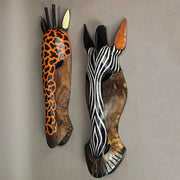 Orange Giraffe & Zebra - Image 3 - Set of Zebra and Giraffe Jungle Hand-Carved Wooden Mask Wall Hangings, Handcrafted in