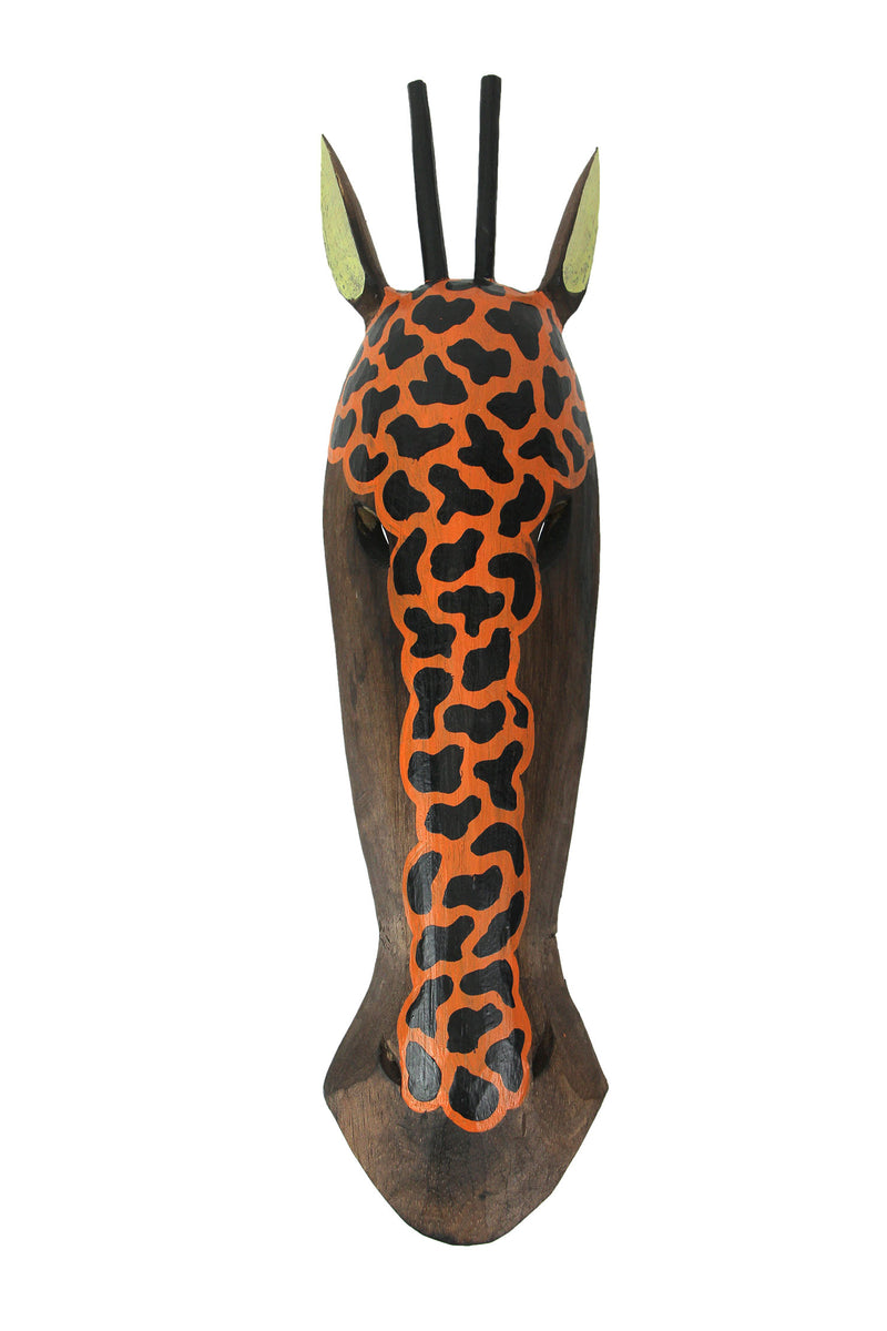 Hand-Painted Orange and Brown African Style Giraffe Wood Mask - Carved Jungle Decor Wall Hanging Artisan Crafted in Indonesia