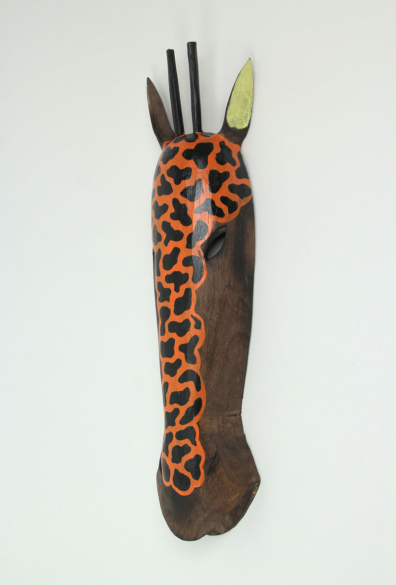 Hand-Painted Orange and Brown African Style Giraffe Wood Mask - Carved Jungle Decor Wall Hanging Artisan Crafted in Indonesia