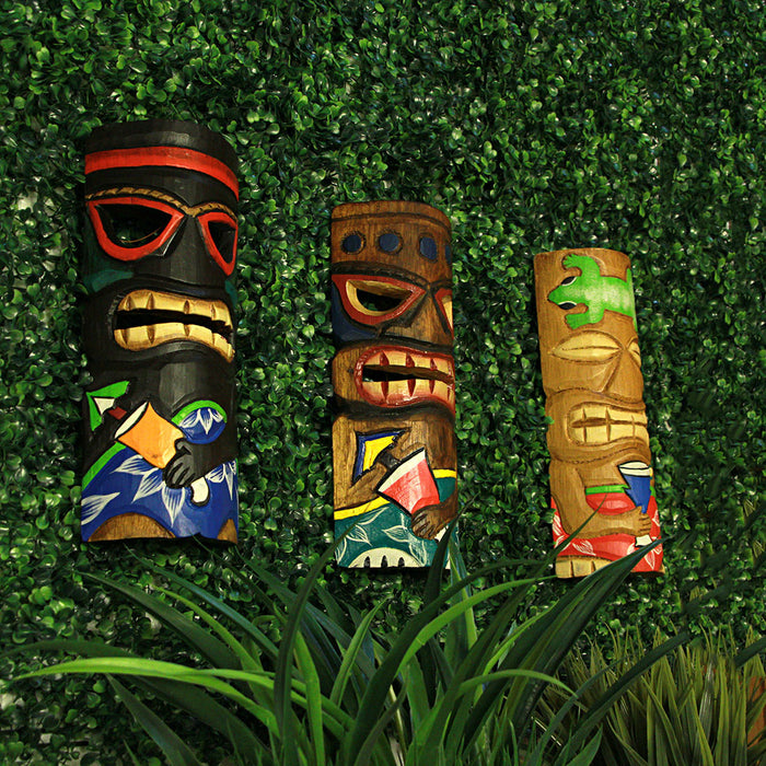 Set of 5 Hand-Carved Polynesian Style Wooden Wall Masks - 12-Inch High Island Decor, Vibrant Hand-Painted Finish -