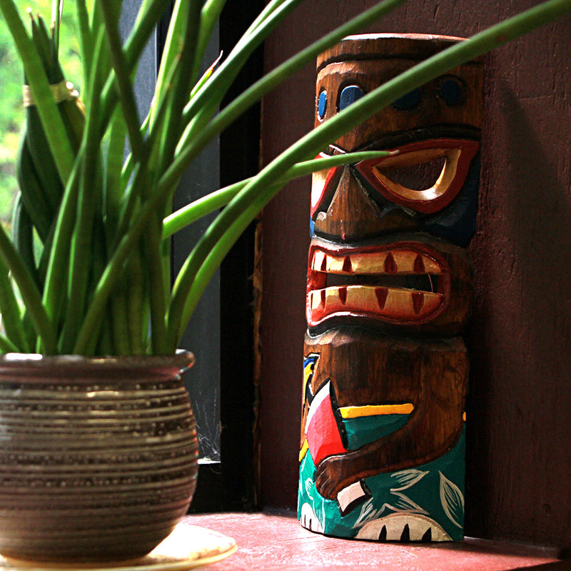 Set of 5 Hand-Carved Polynesian Style Wooden Wall Masks - 12-Inch High Island Decor, Vibrant Hand-Painted Finish -
