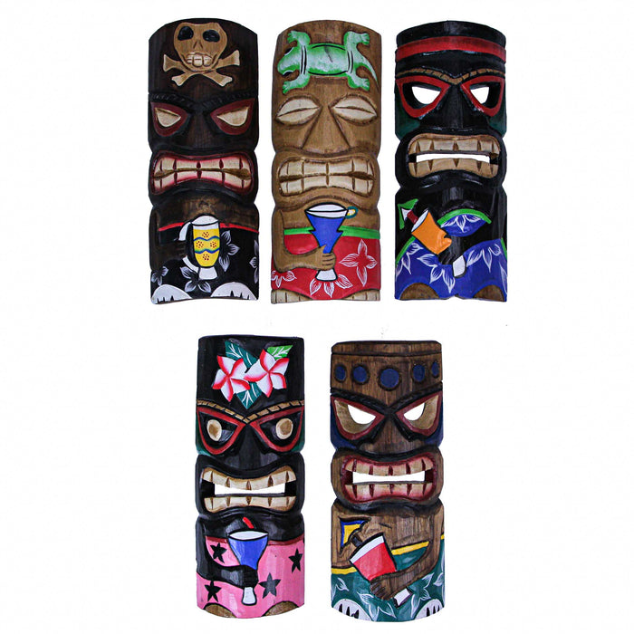 Set of 5 Hand-Carved Polynesian Style Wooden Wall Masks - 12-Inch High Island Decor, Vibrant Hand-Painted Finish -