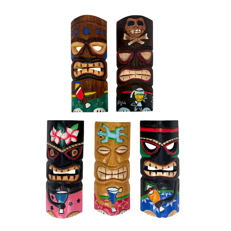 Set of 5 Tiki Mask Wall Decor, 10 Inch Hand-Carved Wood Masks Image 1