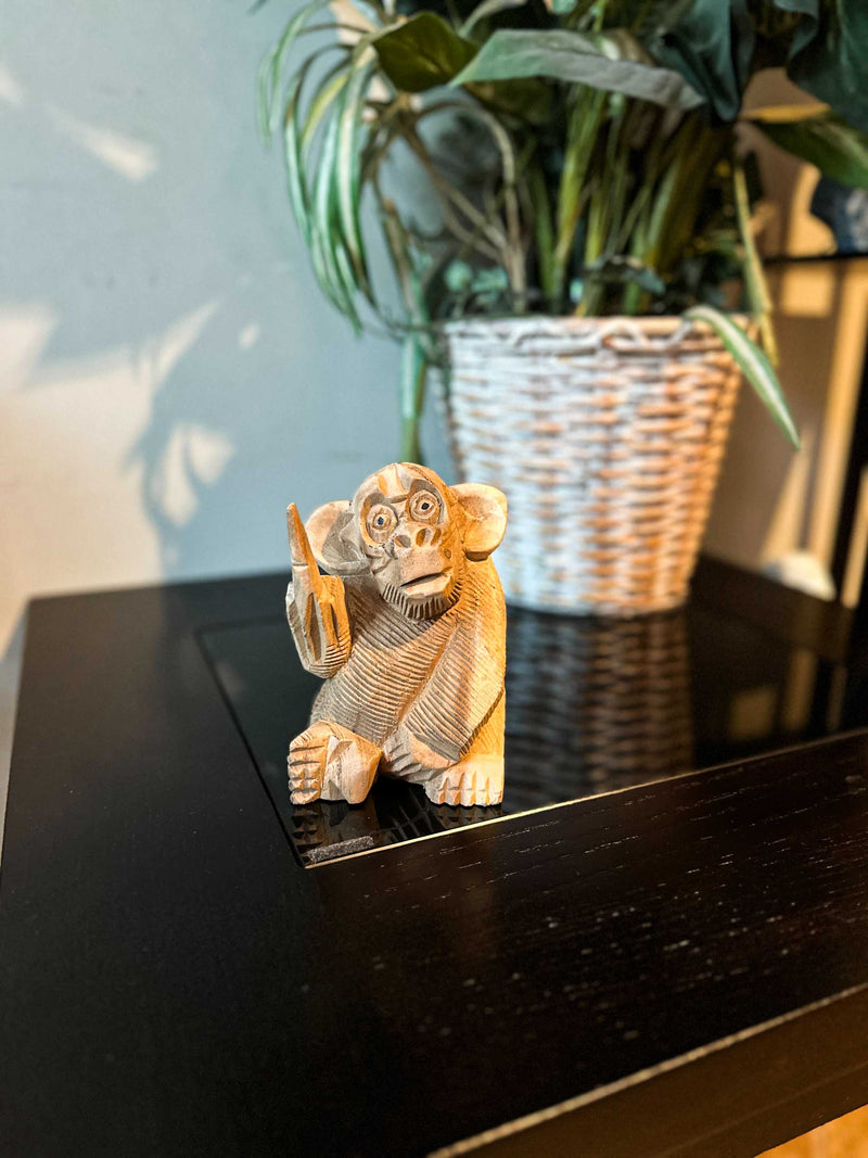 Cheeky Monkey Flipping the Bird - Handcrafted Indonesian Mahogany Rude Gesture Wood Statue - Artisan Crafted - Unique Home